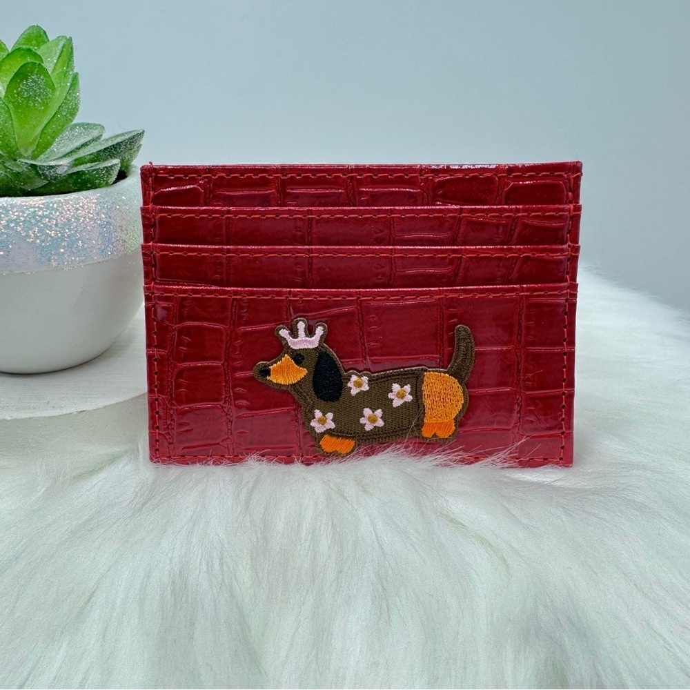 Faux Crocodile Black Embossed Glossy Small Dog Card Holder Wallet in Red